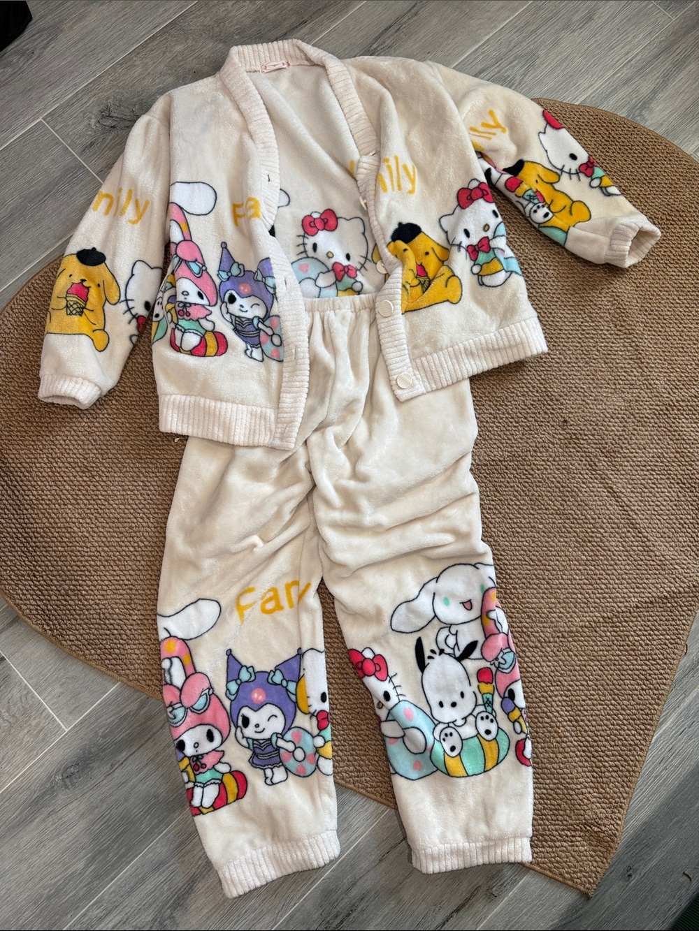 Hello Kitty Cream Plush Pajama Set with Multicolor Character Prints